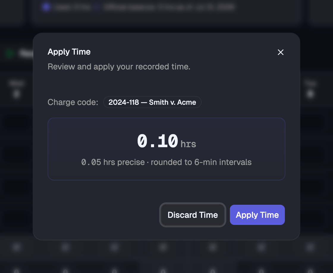 The stop-timer dialog showing the exact duration next to the time rounded to six minutes