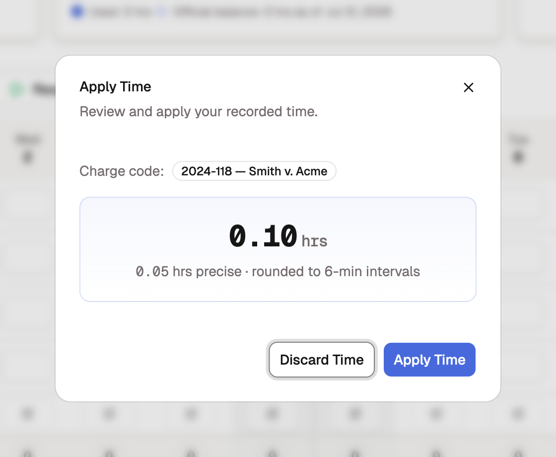 The stop-timer dialog showing the exact duration next to the time rounded to six minutes